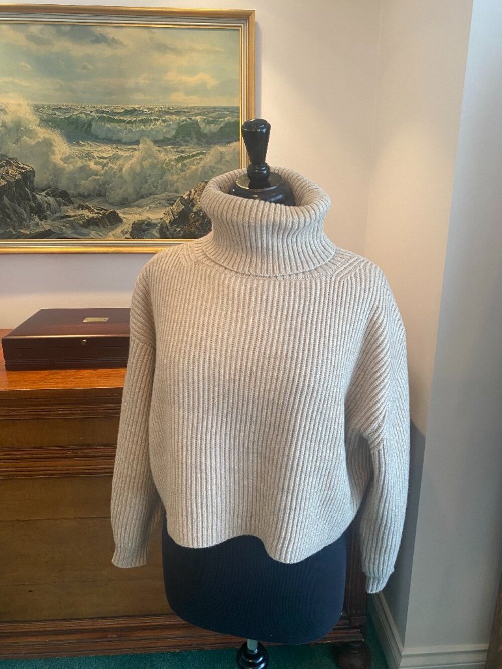 Soft Oatmeal Waist-Length Turtleneck Sweater